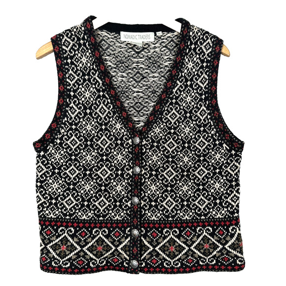 Nomadic Traders Sweater Vest Womens M Black White Nordic Buttons Knit Snowflake - Picture 1 of 13